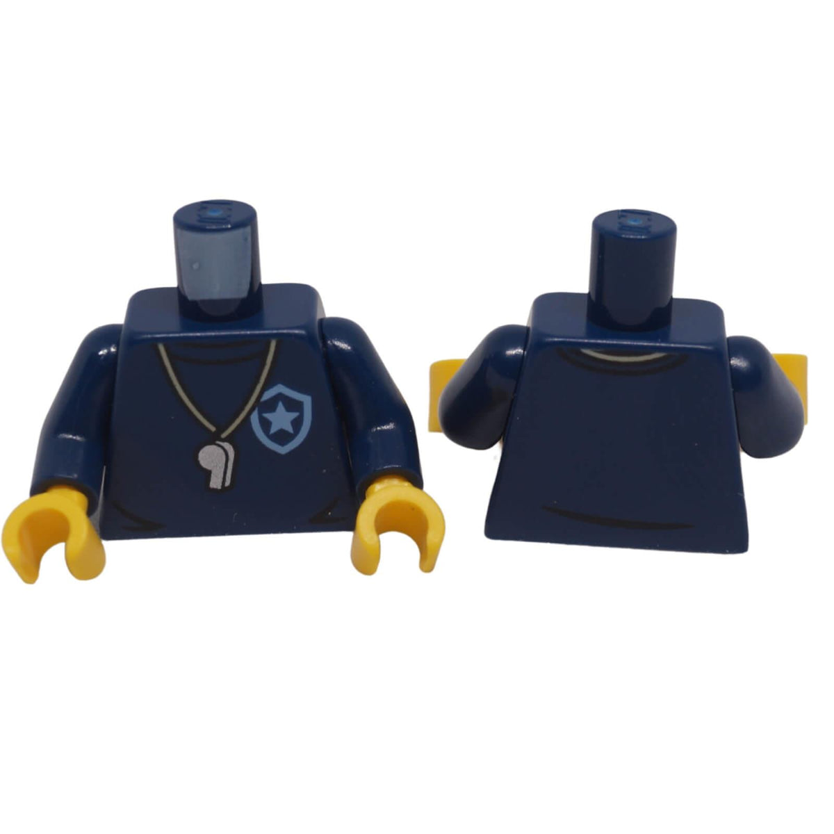 Dark blue LEGO® police torso 973pb5062c01 shown front and back with star badge, silver whistle, black collar and yellow hands