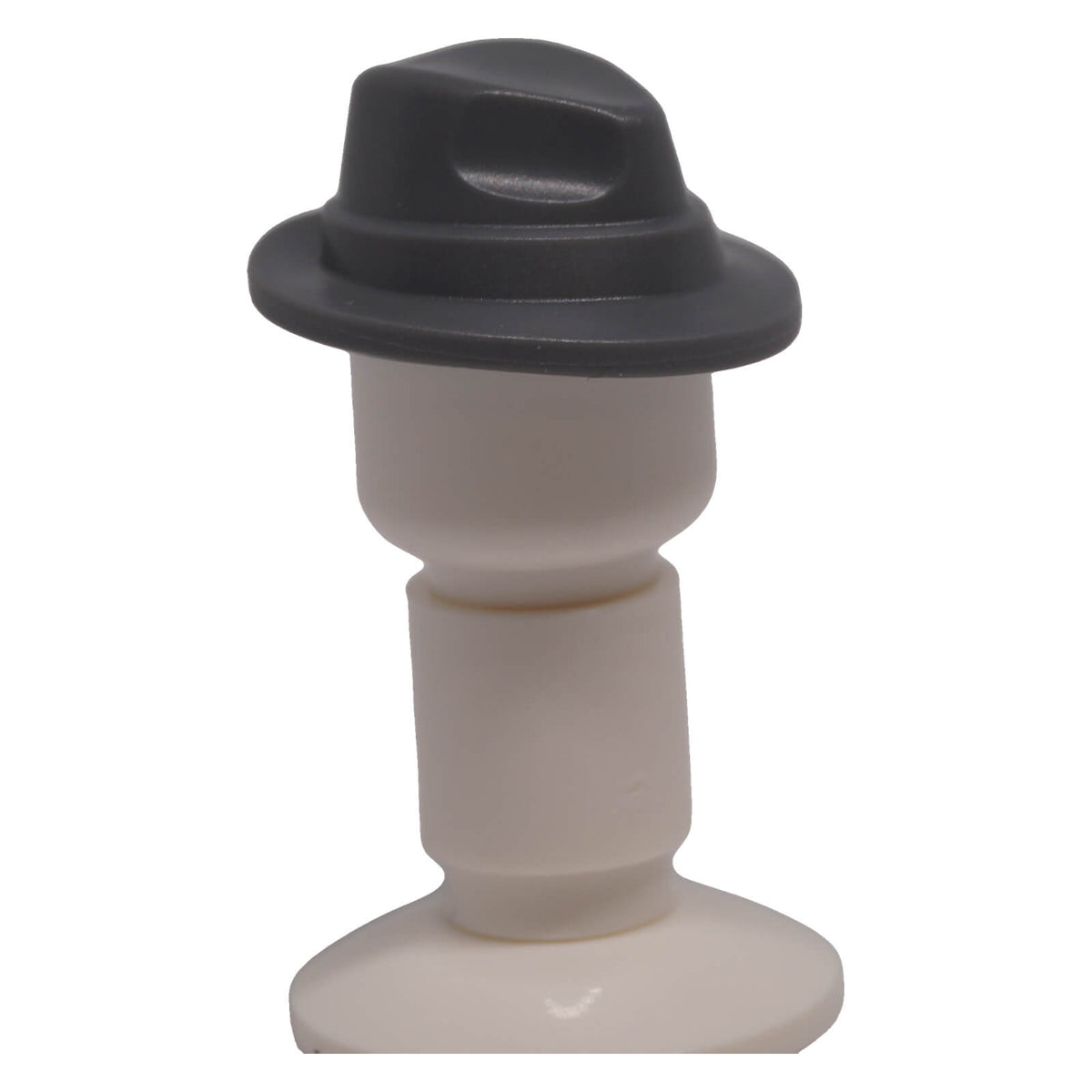 dark bluish gray minifigure narrow brim fedora hat, shown from top and side on a clear display stand