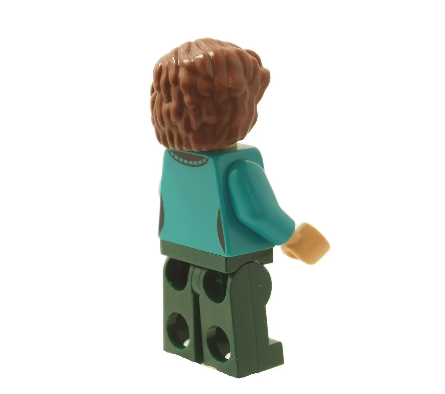Vista trasera de la minifigura con impresión de torso de chaqueta azul verdoso, piernas verde oscuro y cabello castaño.
