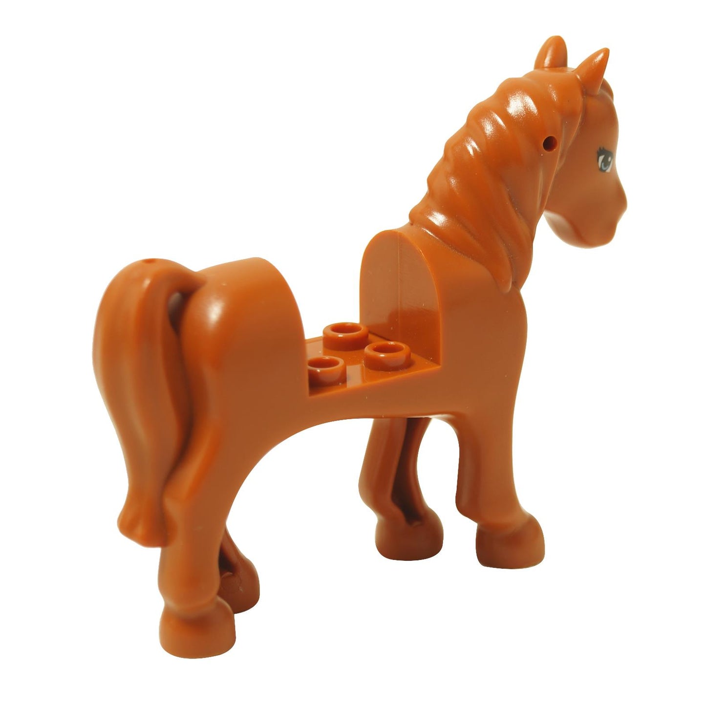 Rear view of dark orange horse with 2x2 saddle cutout, showing molded mane, tail, and back details