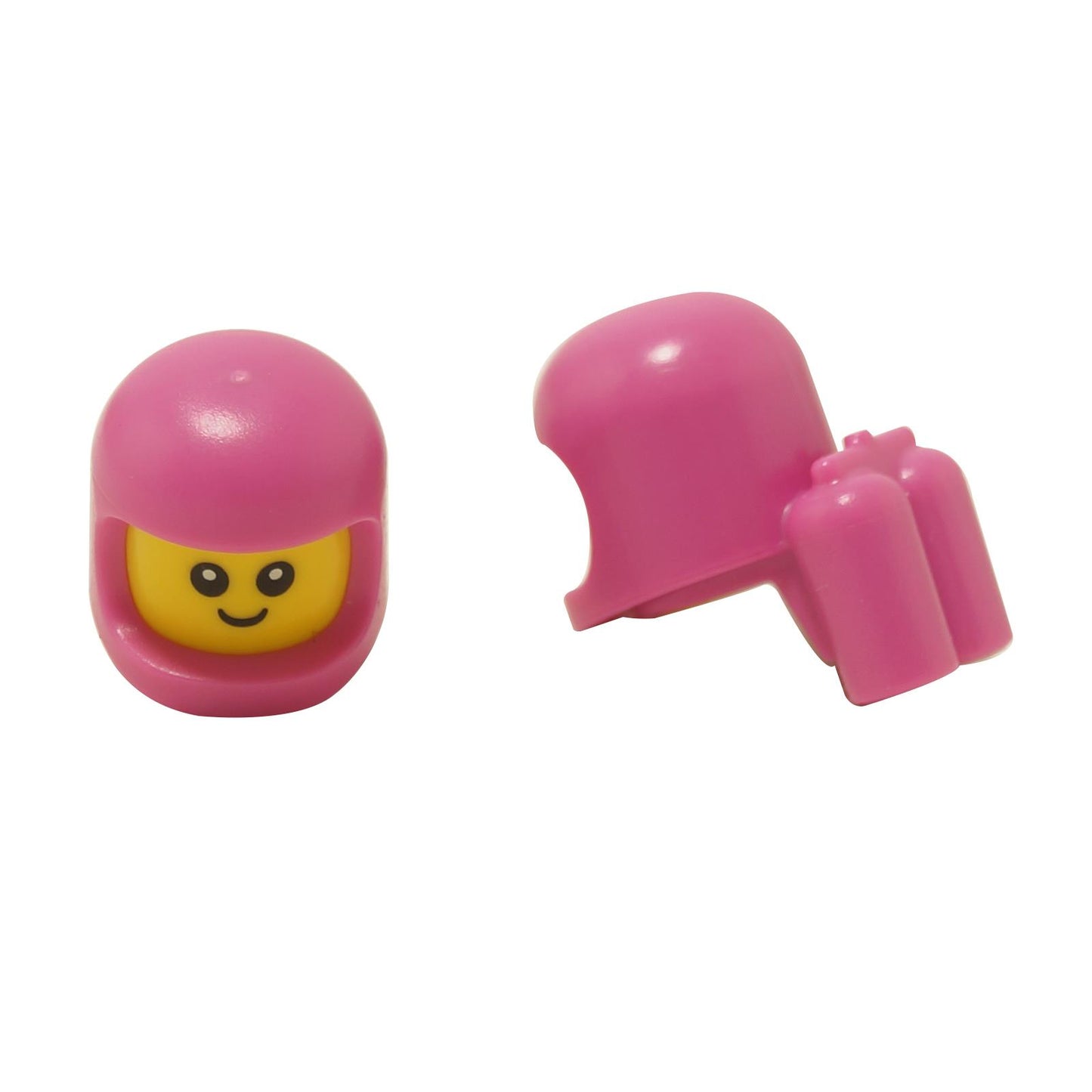 Cabeza de minifigura para bebé o niño pequeño con casco espacial moldeado de color rosa oscuro y tanques de aire, cara sonriente, mostrada de frente y de lado