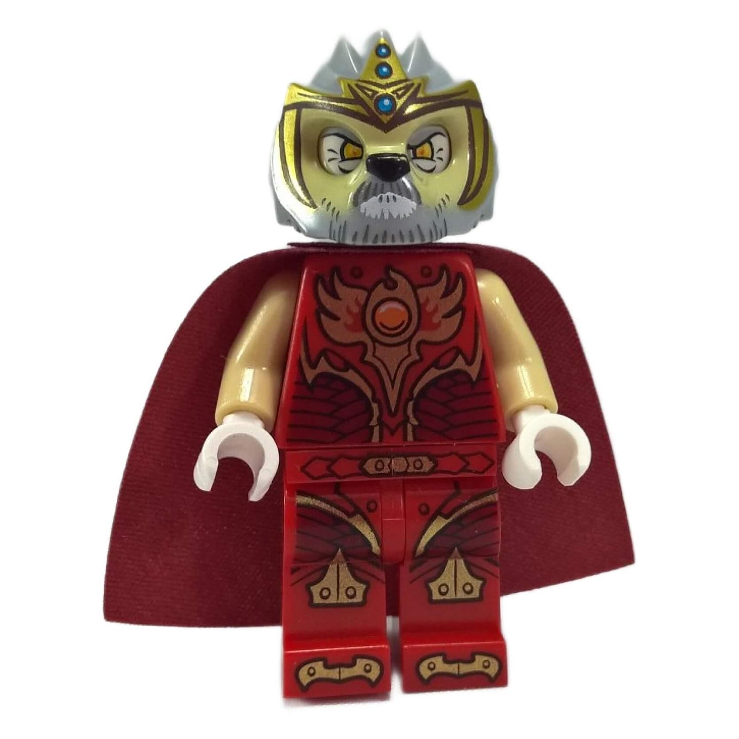 Front view of LEGO Chima King Lagravis minifigure (loc097) in red armor, tan arms, and gold lion mask headpiece.