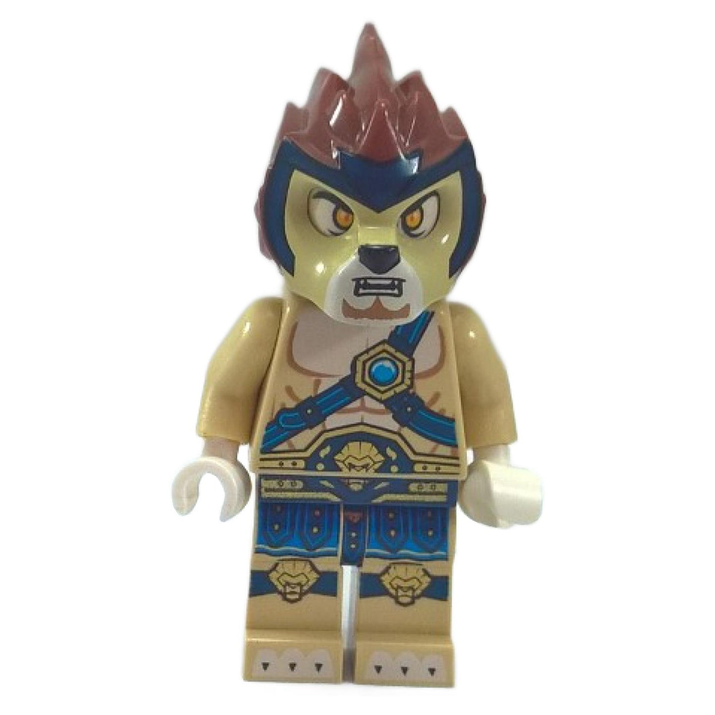 Front view of LEGO Chima Lennox minifigure (loc003) with tan lion head, brown mane, and blue/gold armor printing.