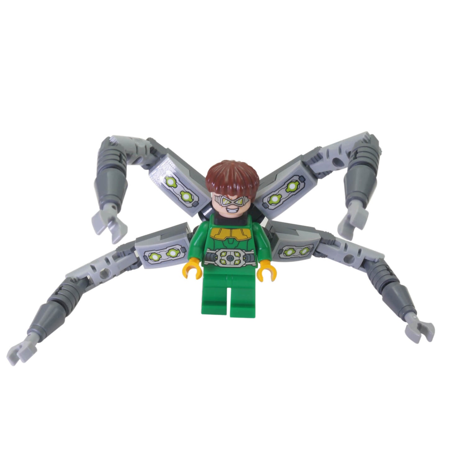 LEGO® Marvel Dr. Octopus minifigure (sh0616) in green suit with four articulated mechanical arms, version without stickers, front view on white background.