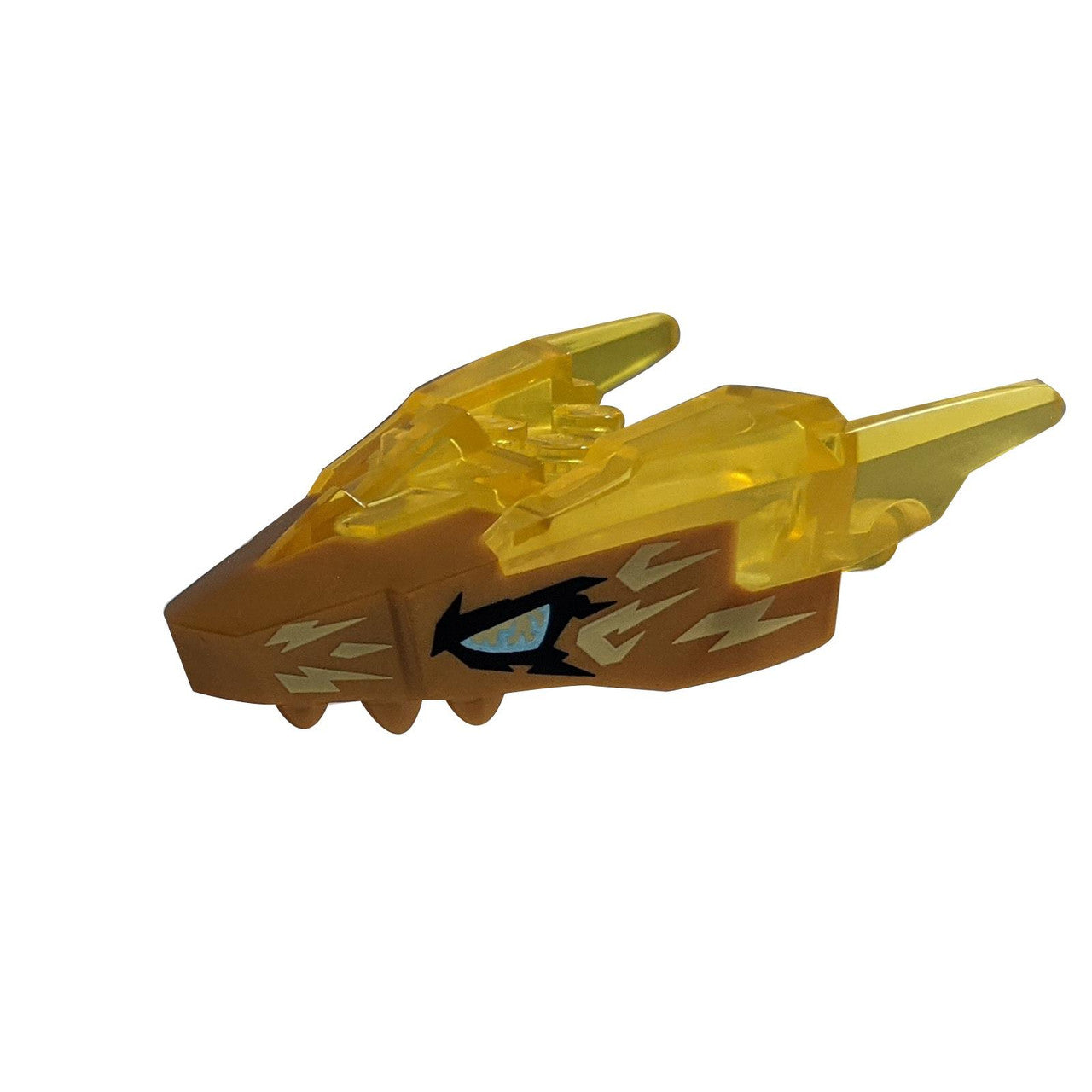 Trans-Amarillo Cabeza de Dragón (Ninjago) Mandíbula Superior con Cuernos con Oro Perla Cara Moldeada, Ojos Metálicos Azul, y Patrón de Electricidad Amarillo Claro Brillante