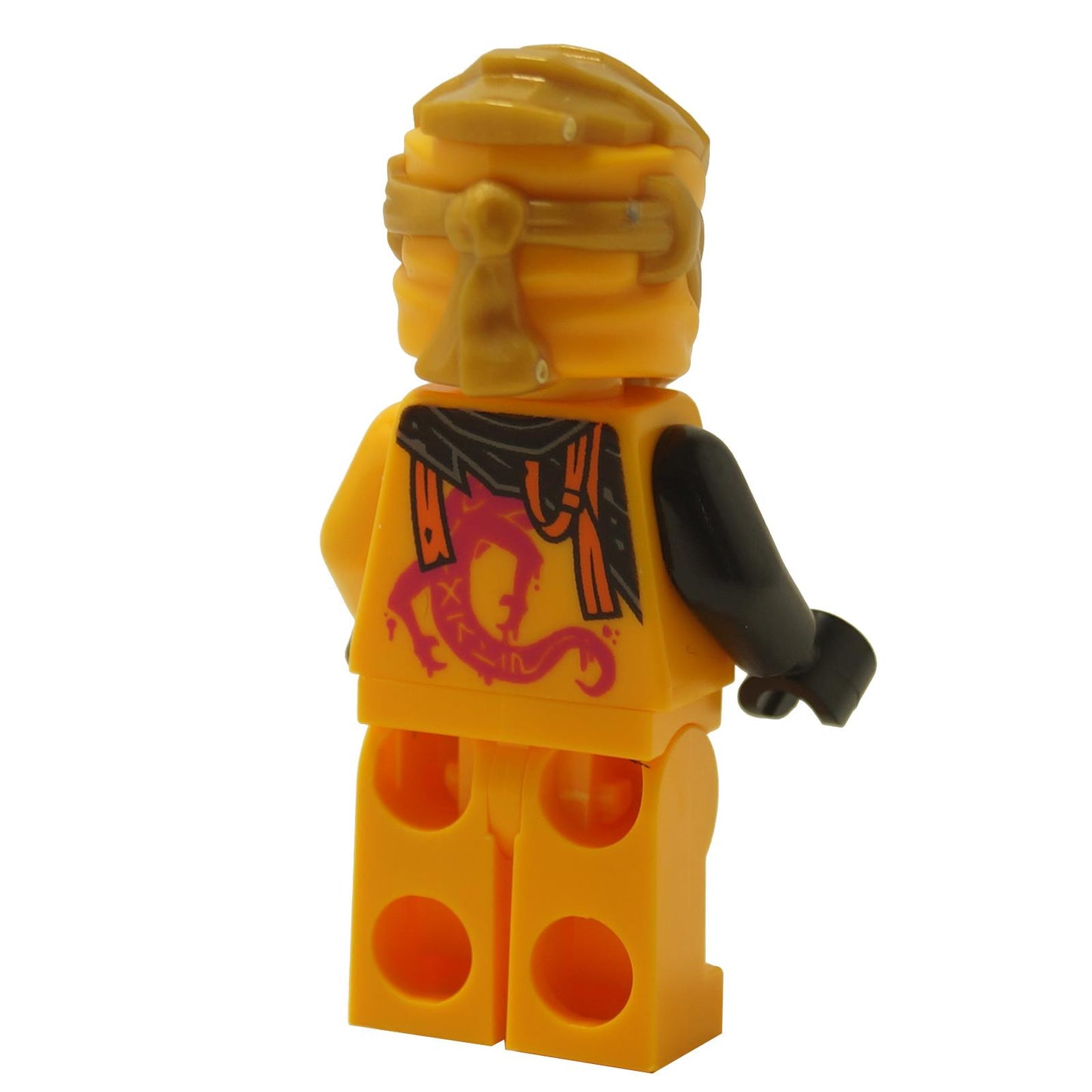 Rear view of the LEGO® NINJAGO Arin minifigure (njo0921) showing the magenta dragon print on the back of the orange torso and black arm.