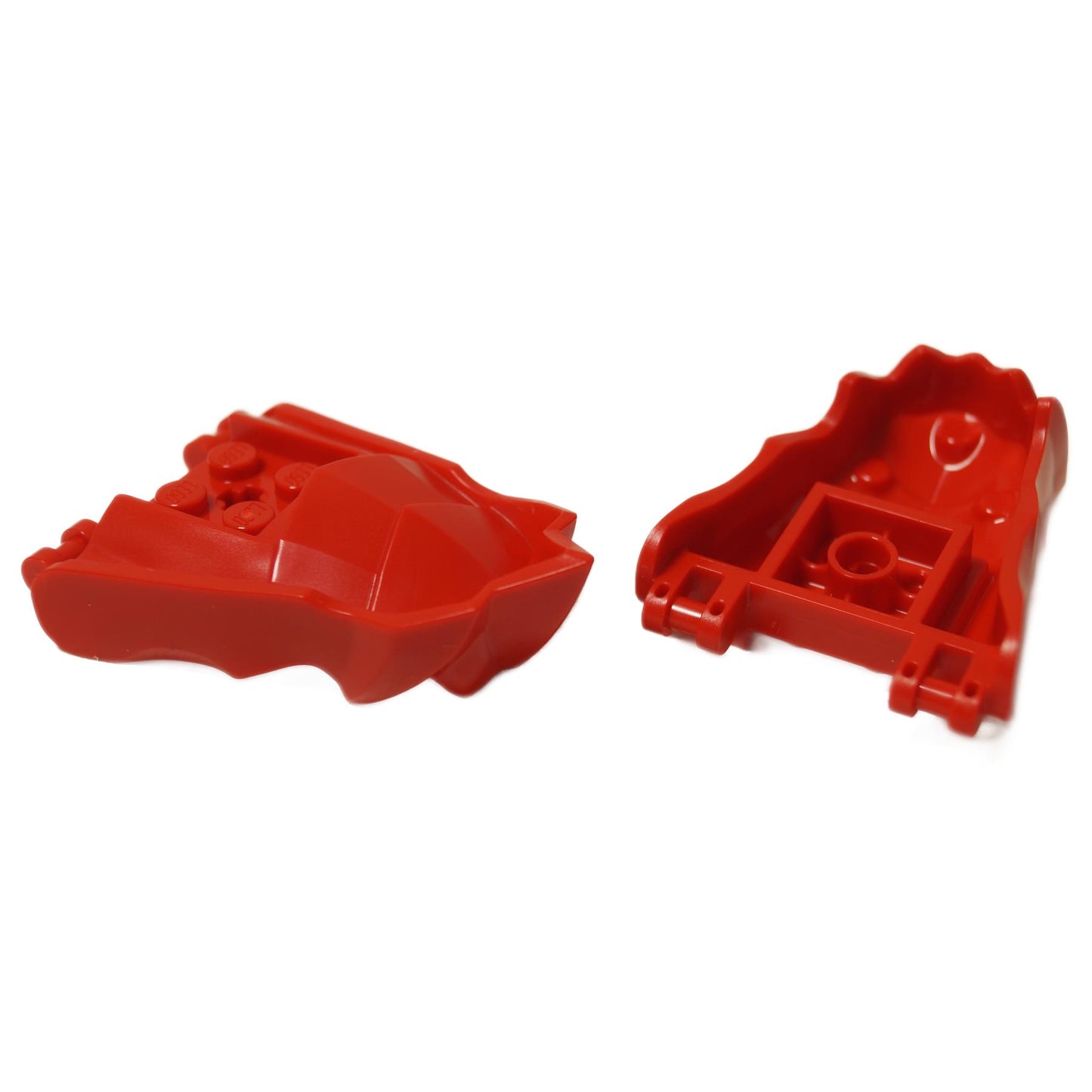Two dark red LEGO Ninjago Dragon Head Jaw pieces (80017) shown, one displaying the studs, one showing the interior structure.