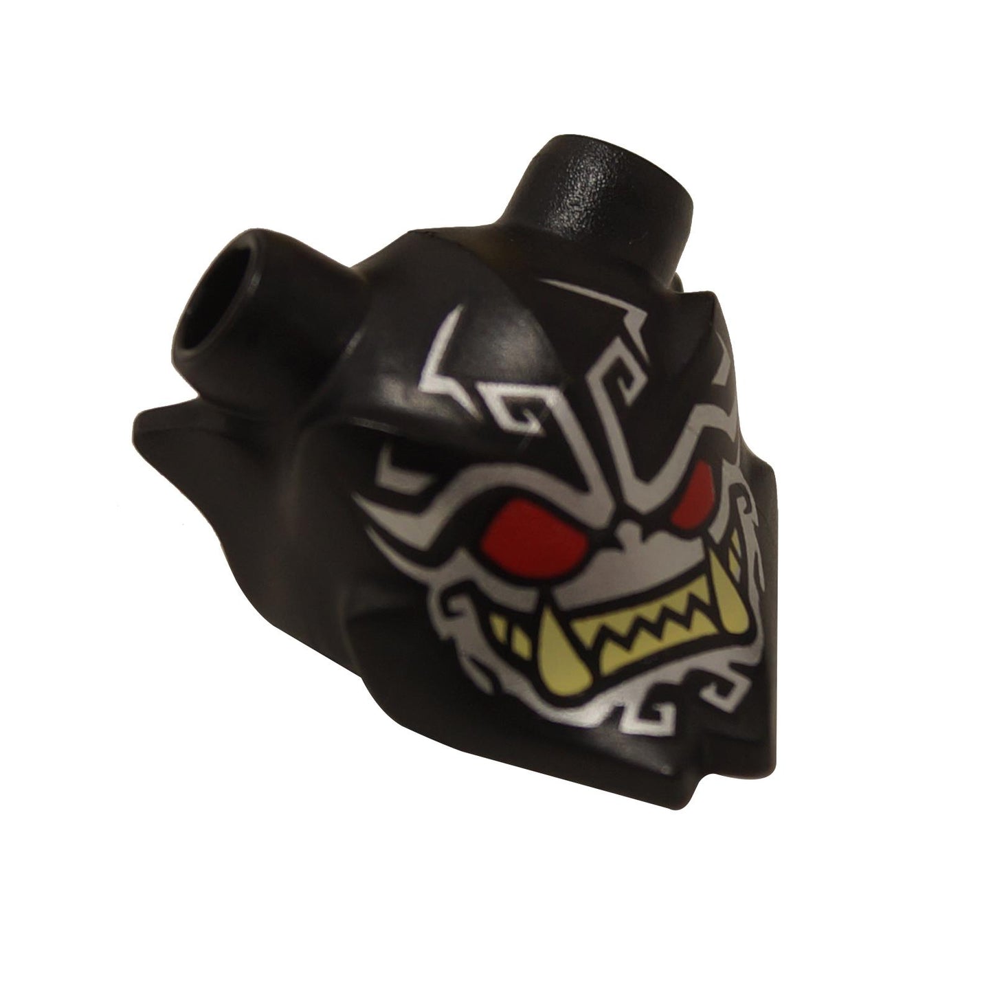 Black LEGO Ninjago Oni Visor Mask (35636pb06) featuring red eyes, yellow fangs, and silver tribal markings.