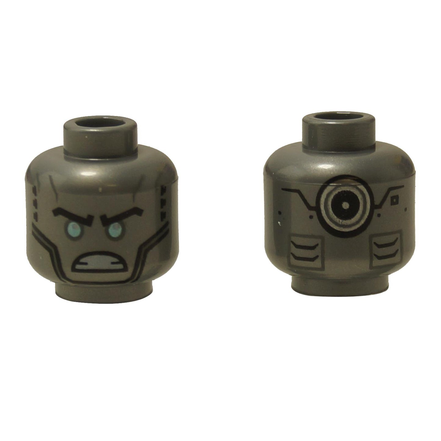 Minifigure, Head Alien Robot with Black Eyebrows, Metallic Light Blue Eyes, Cheek Lines, Angry Bared Teeth, Vents and Silver Circle on Back Pattern