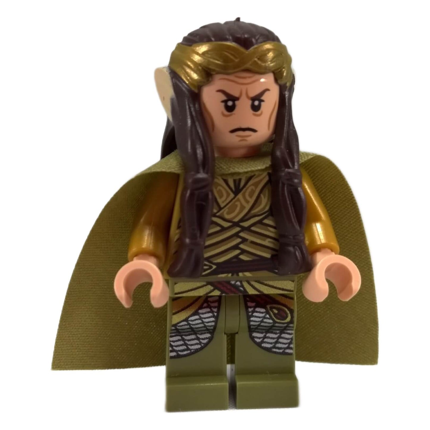 LEGO® Minifigure Elrond (lor105) wearing a golden crown, olive green cape, and intricately printed armor with dark brown hair looking angry.