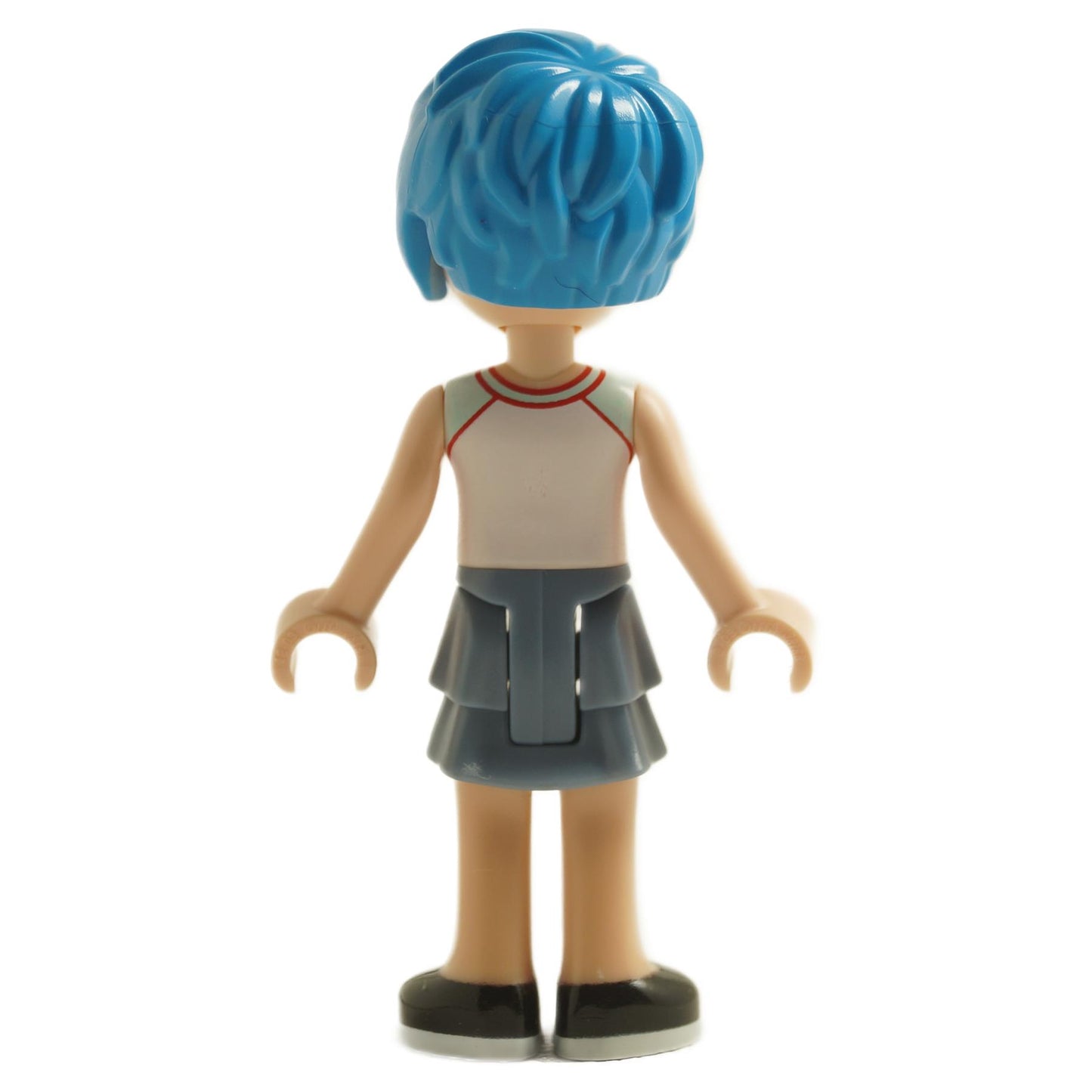 Back view of LEGO® Friends Evelyn mini-doll frnd0492 with bright blue hair, white sleeveless top, and dark skirt