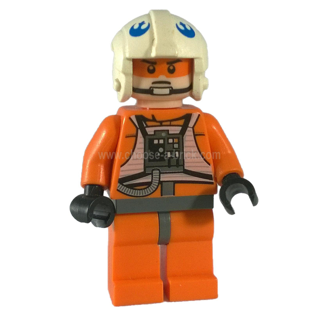 LEGO® Minifigura de piloto rebelde de Star Wars X (sw0399) en un traje de vuelo naranja con una impresión detallada del torso del piloto, guantes negros y un casco de la Alianza Rebelde blanco con insignia azul.
