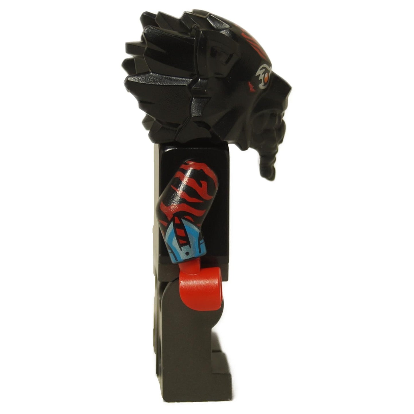 Side view of the LEGO® NINJAGO® Lord Ras minifigure (njo0935) showing red and blue printed arm details, black helmet spikes, and intricate body printing.