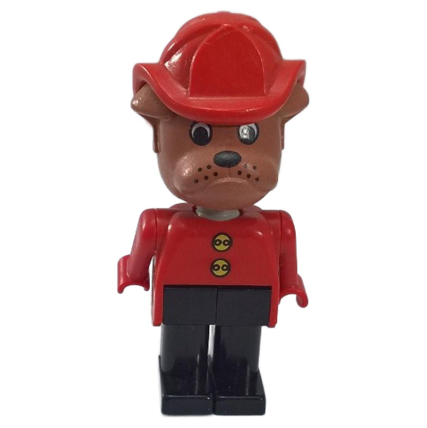 A LEGO® Fabuland Barty Bulldog minifigure, featuring a brown bulldog head with a determined expression, a red fire helmet, a red torso with gold buttons, red arms, black hands, and black legs, standing against a white background.