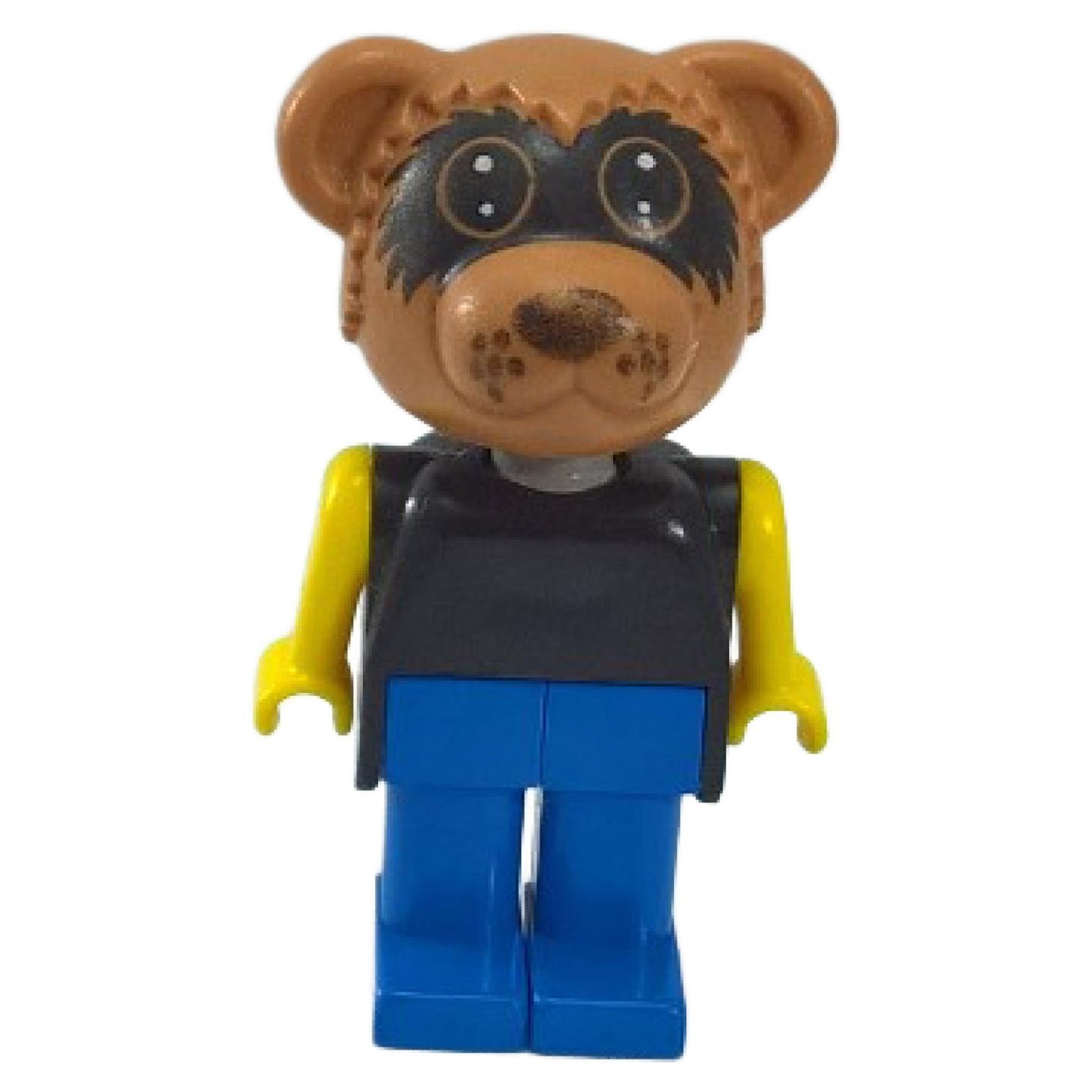 LEGO Fabuland Ricky Raccoon Figure (fab12d) with black top, blue legs, yellow arms, and printed eye mask, front view.