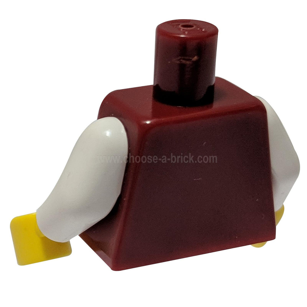 Dark red LEGO torso 973px171c01, back view, white arms and yellow hands.