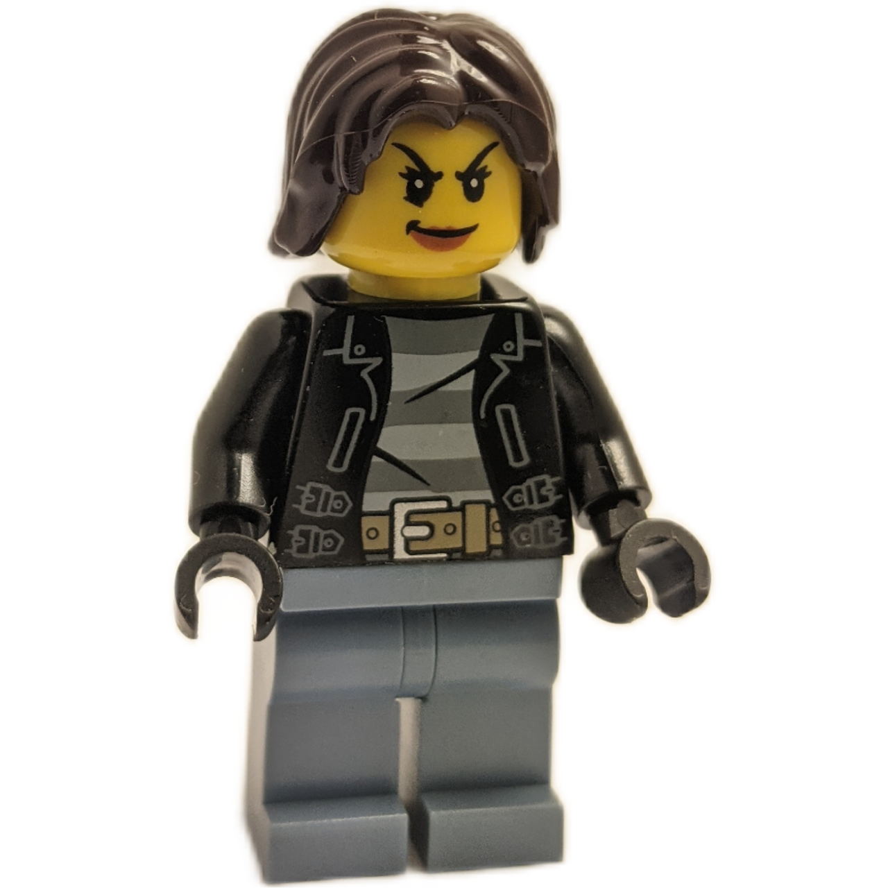 LEGO Minifigurka City Bandit Crook Female, Pískově Modrá Nohy, Tmavě Hnědá Středně dlouhé rozcuchané vlasy - cty0645new - celá postava