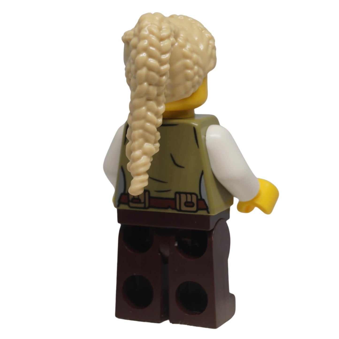 Rear view of LEGO® Female Carpenter minifigure cas582 showing back torso printing and braided ponytail