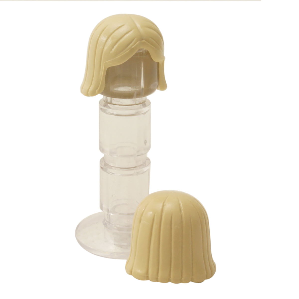 Tan LEGO® minifigure hair piece 4530 shown from the front and back with straight long hair, parted front and moulded strand details