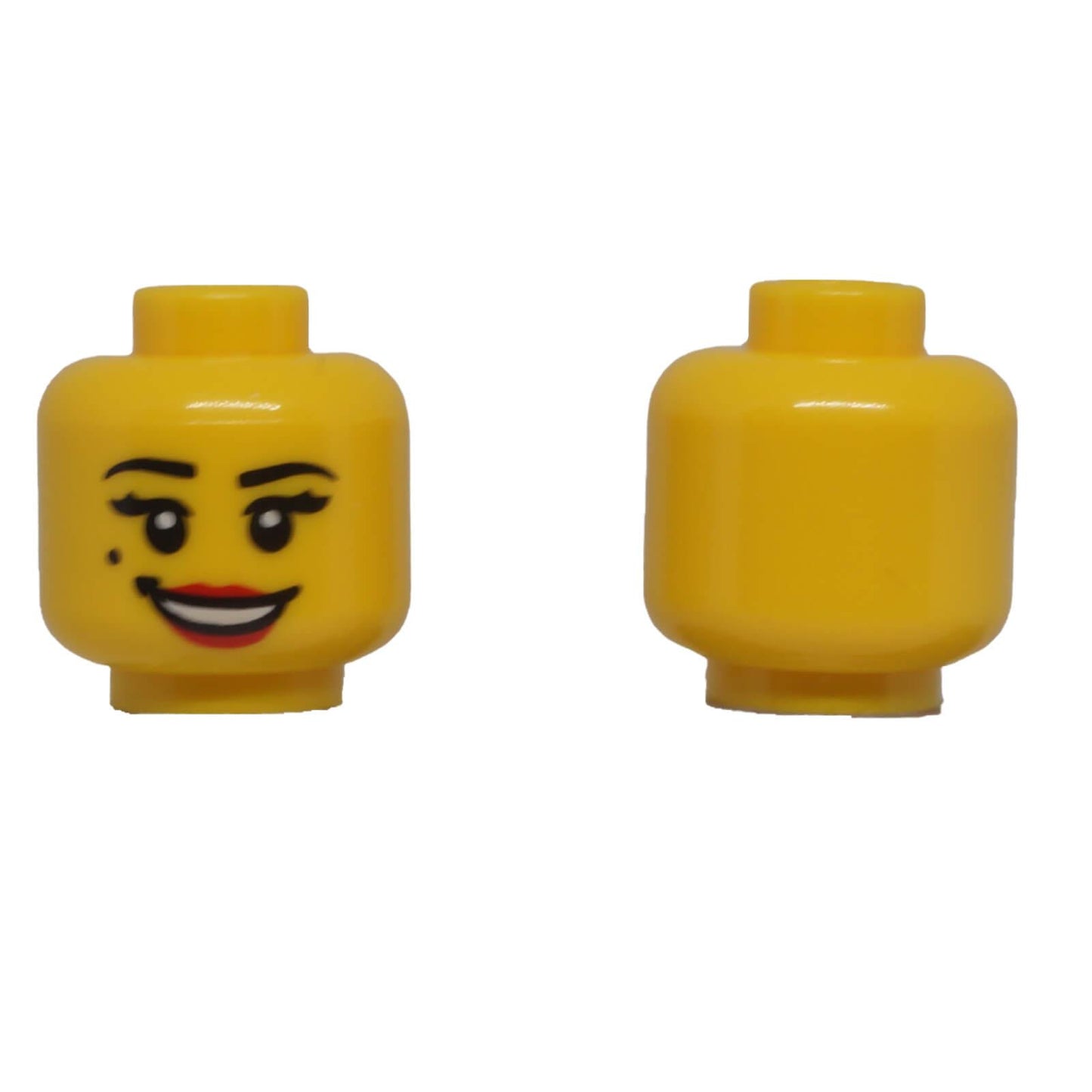 Yellow female LEGO minifigure head with smiling face, red lips and beauty mark, shown from front and back