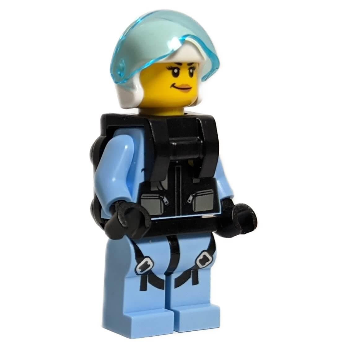 Female Sky Police cty1000 minifigure with parachute vest and blue visor.