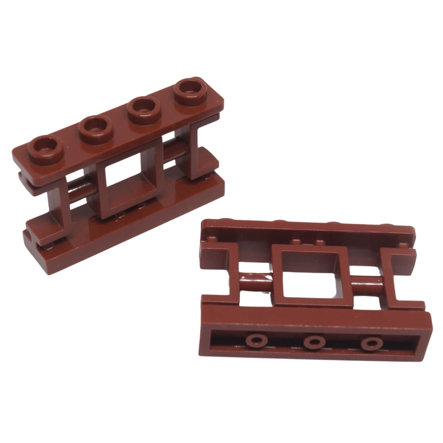 Reddish brown LEGO Fence 1 x 4 x 2 Ornamental Asian Lattice with 4 studs part 32932 shown from multiple angles