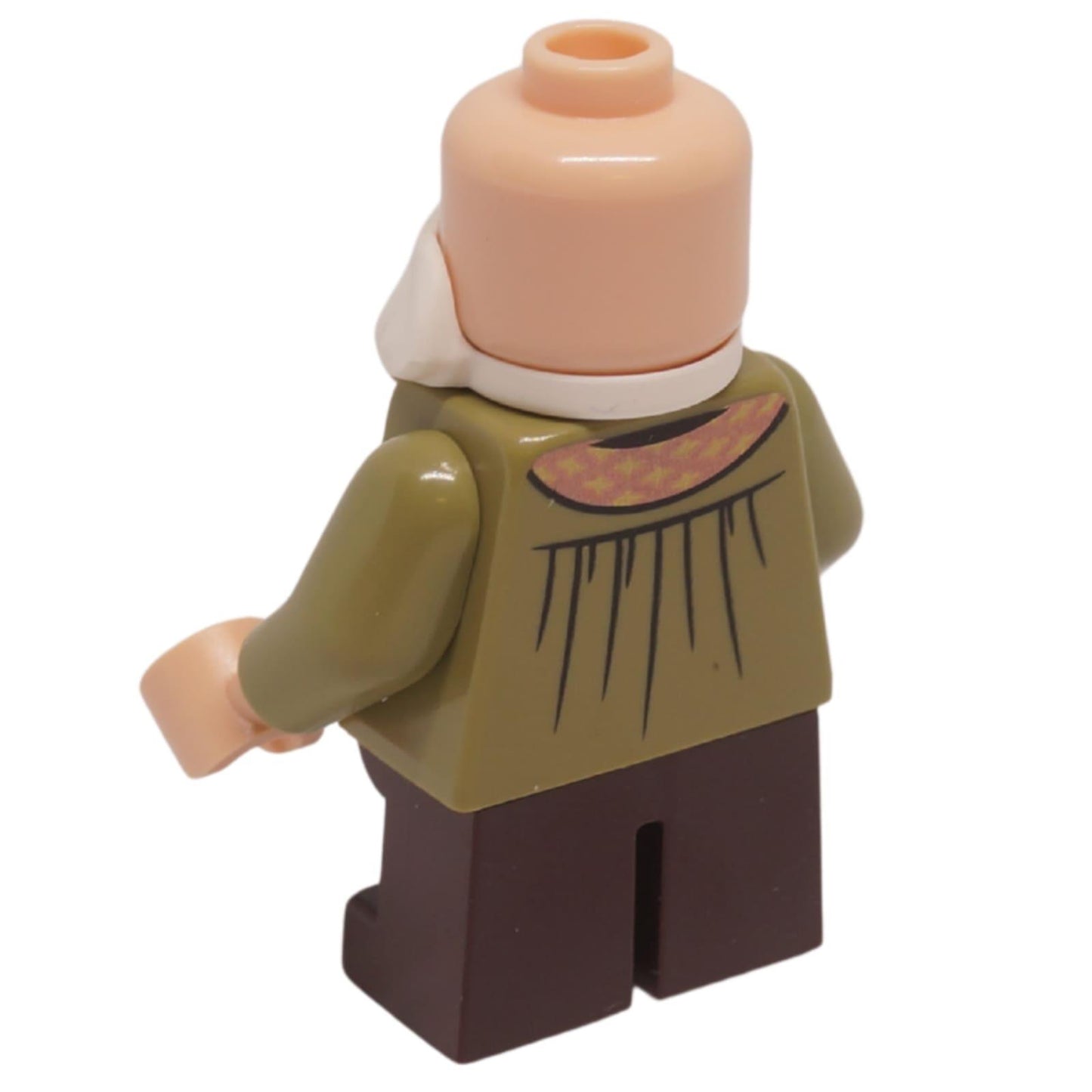 Minifigura del Profesor Filius Flitwick vista posterior con impresión de torso verde oliva y piernas cortas marrón oscuro