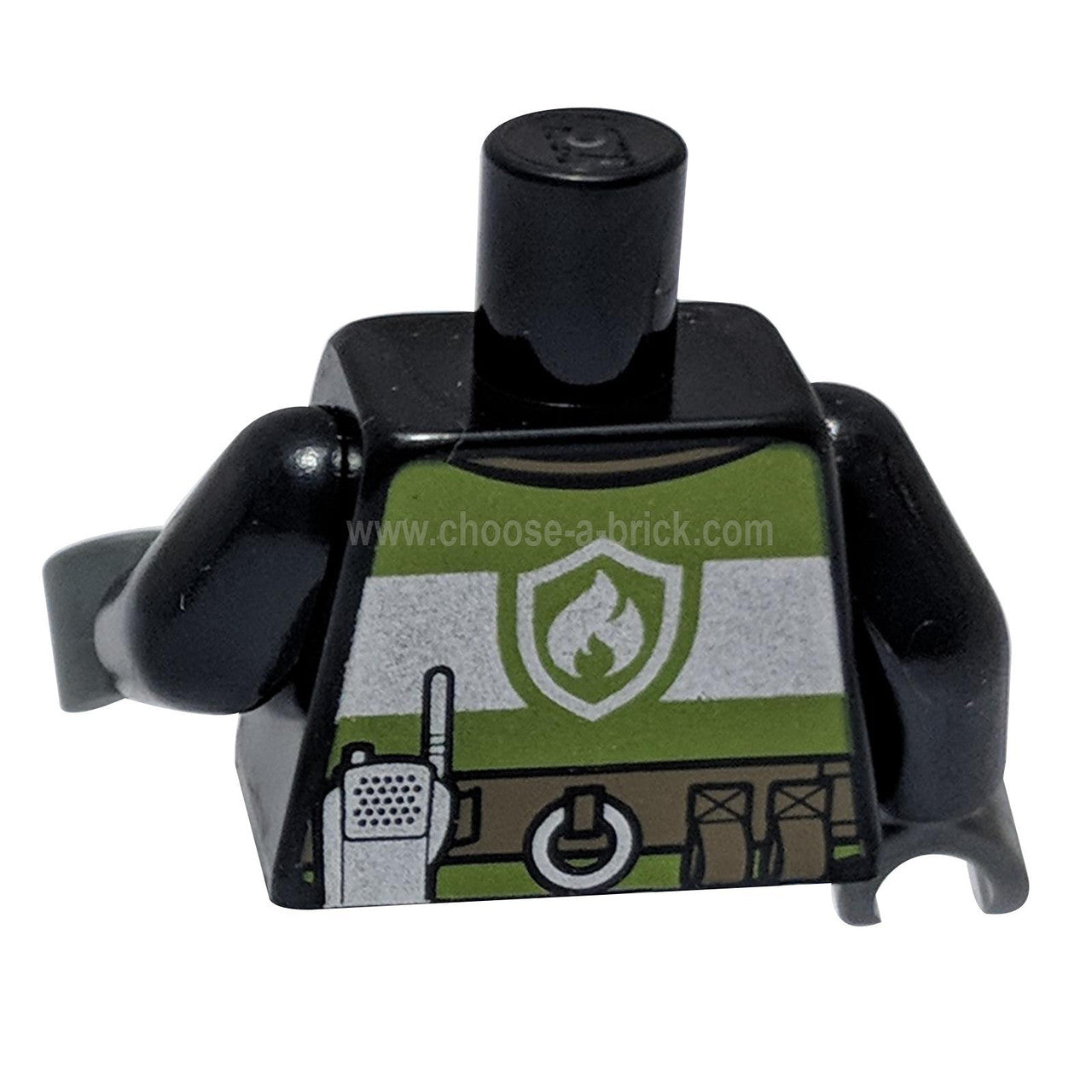 Torso de bombero LEGO, negro con rayas verdes y radio, vista frontal