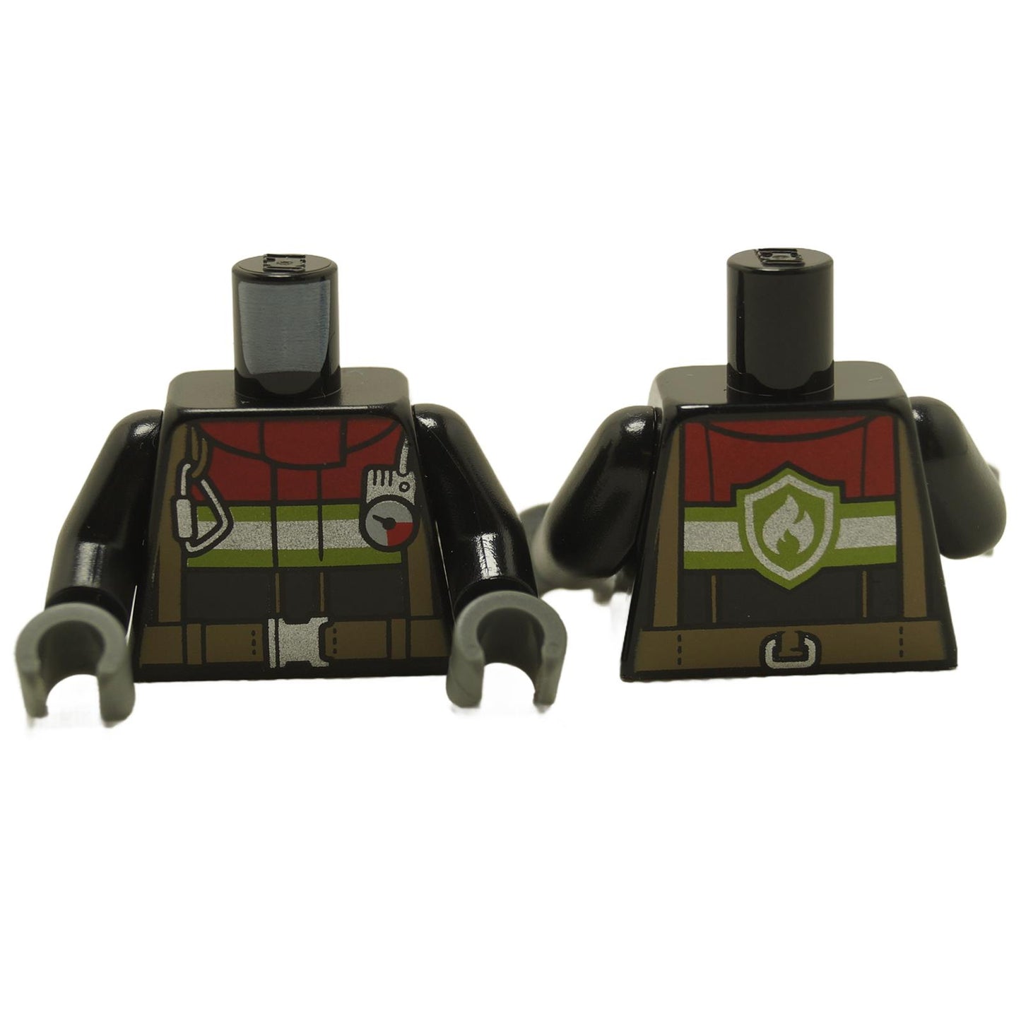Two LEGO minifigure torsos with fire fighter gear, one featuring a red collar, against a white background.