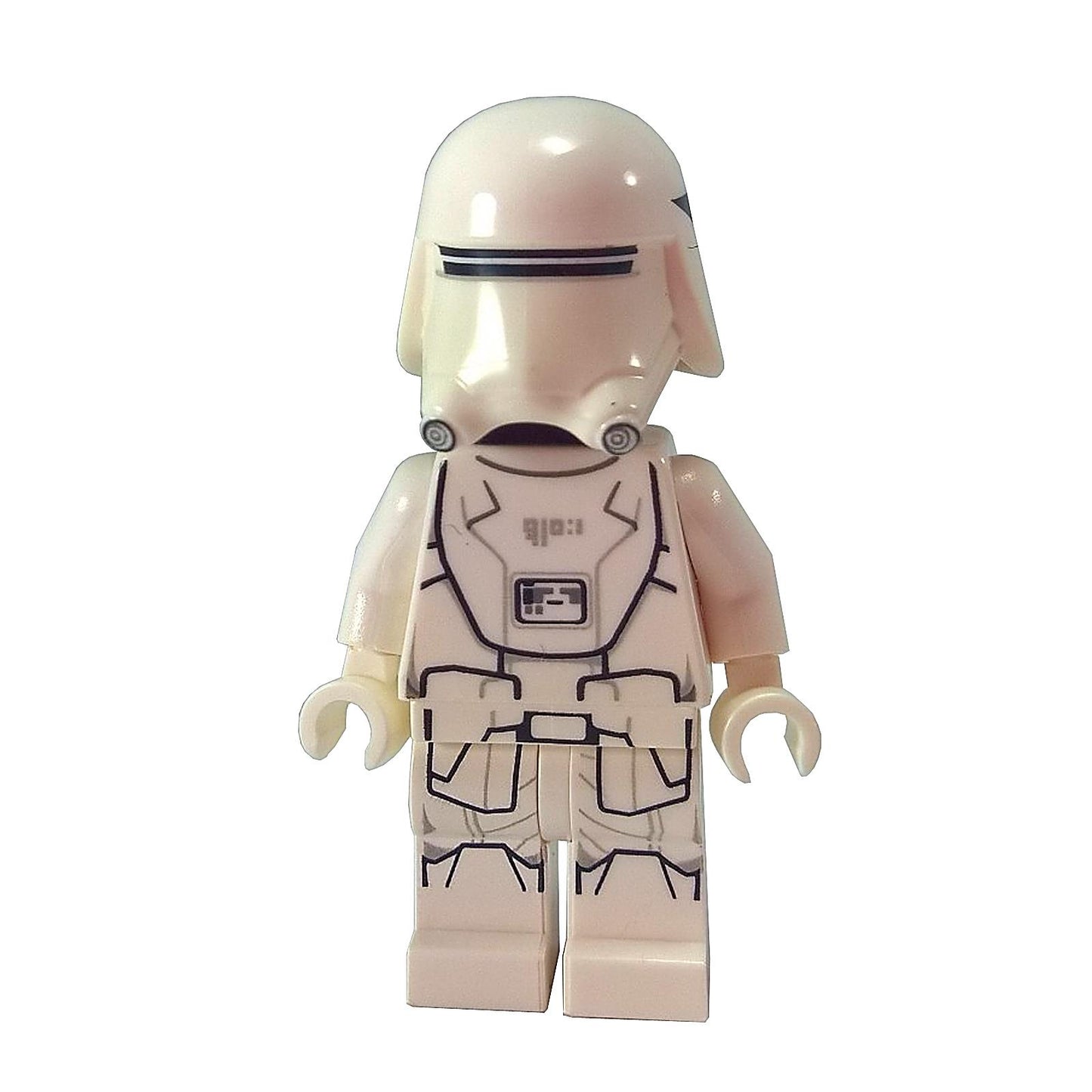 Minifigura de LEGO Star Wars Stormtrooper de la Primera Orden mostrada de frente. La figura lleva un casco blanco para clima frío y armadura especializada.