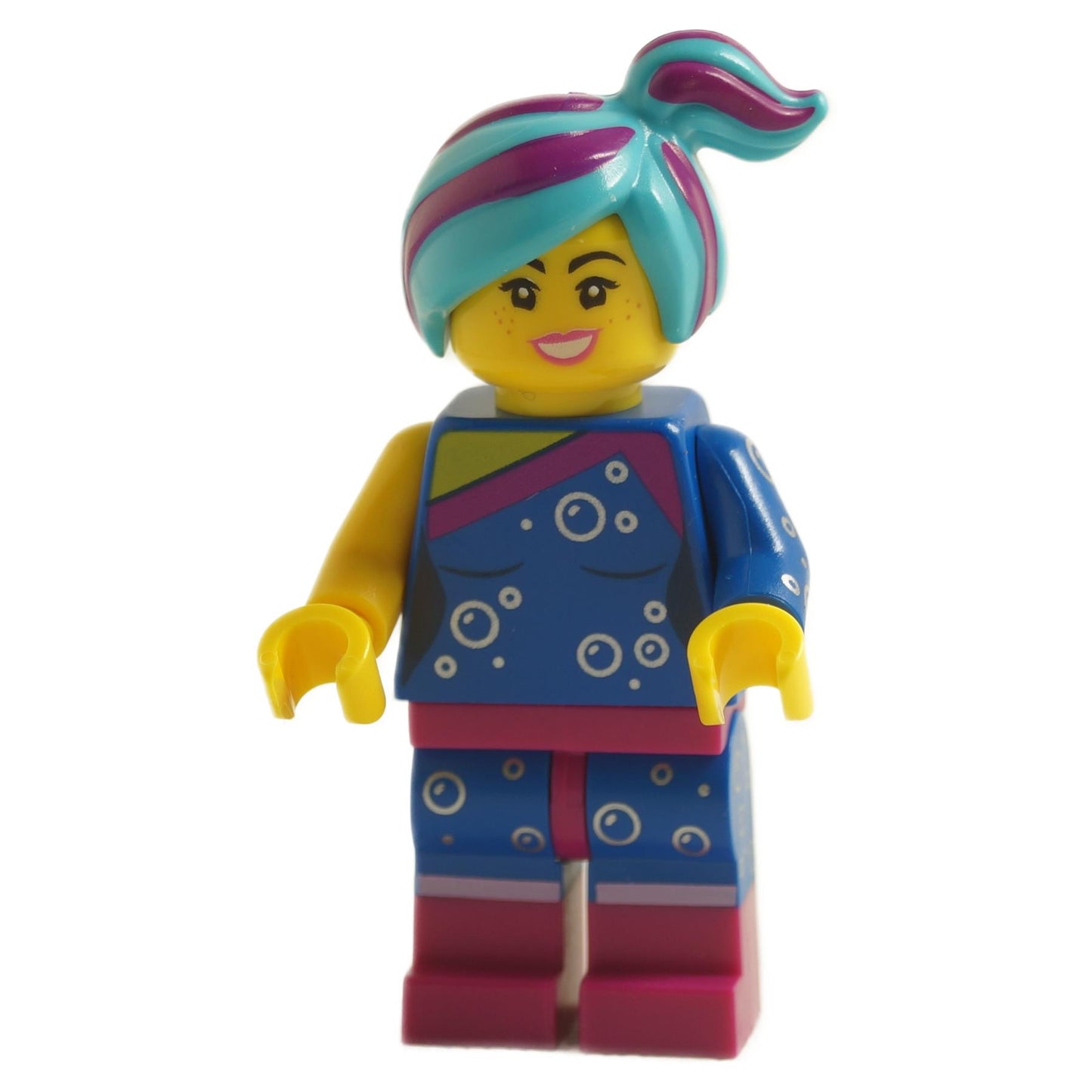Flashback Lucy tlm156 minifigure smiling with blue outfit, magenta boots and turquoise hair with pink streak