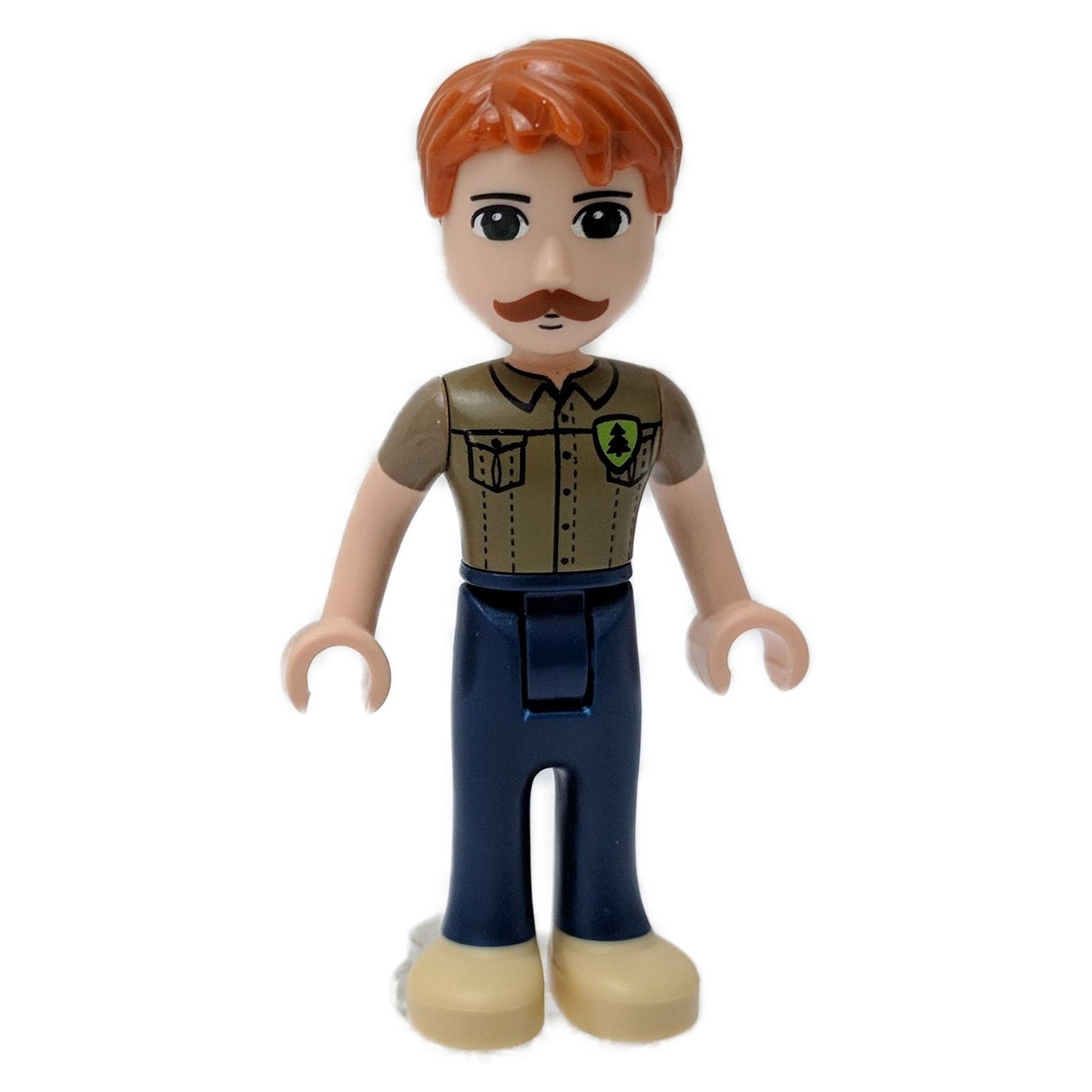 front view of LEGO Friends Agnus mini doll with orange hair and moustache wearing dark tan shirt with badge and dark blue trousers frnd0288