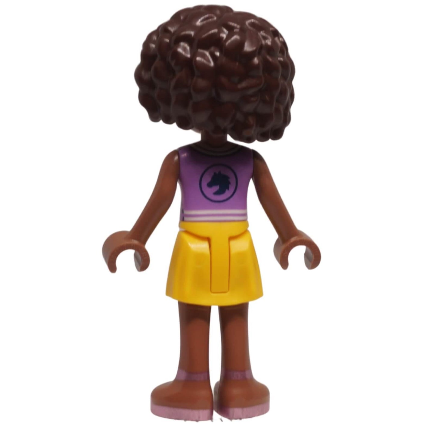 LEGO® Friends Aliya minifigure frnd0656 with lavender vest, yellow skirt, and curly dark brown hair back