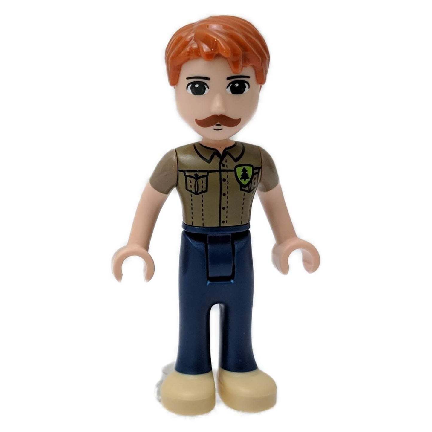 LEGO Friends Angus minifigure with dark blue trousers and dark tan shirt with pockets.