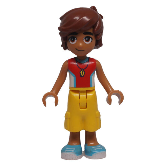 LEGO® Friends Leo mini-doll frnd0744 front view without life jacket showing sleeveless wetsuit print and pendant detail