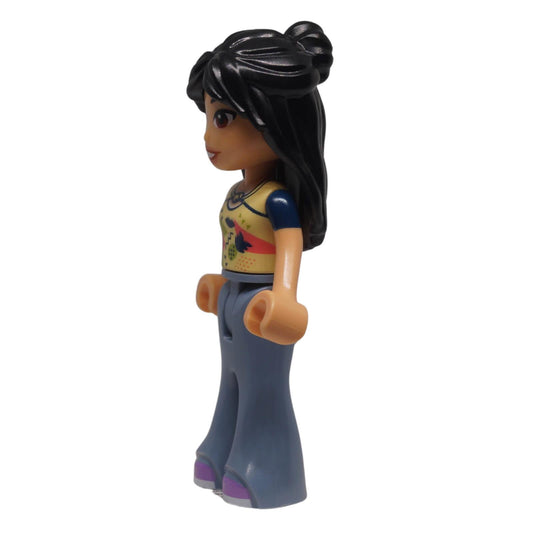 LEGO® Friends Liann mini-doll frnd0751 left side view showing long moulded hair, graphic top and flared trousers
