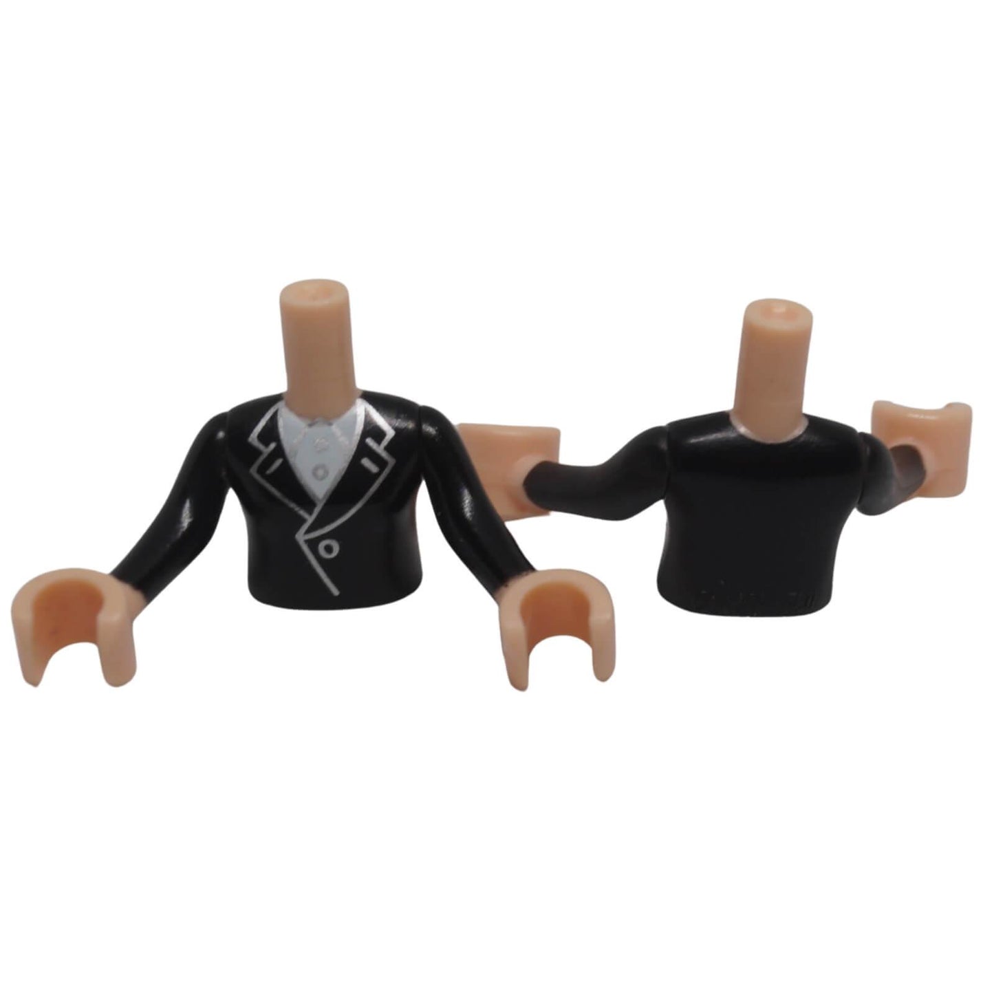 LEGO Friends mini-doll torso FTGpb015c01 with black jacket, white blouse and light nougat arms shown from front and back