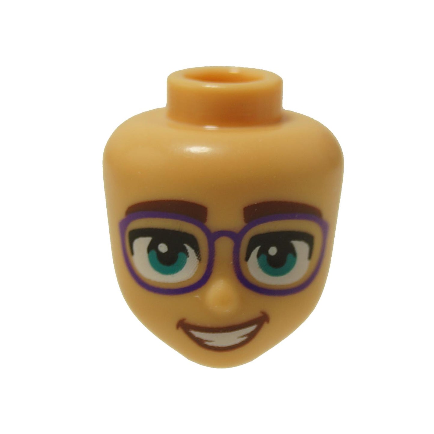 LEGO® Friends mini-doll head with glasses print and dark turquoise eyes, light skin tone, and friendly smile