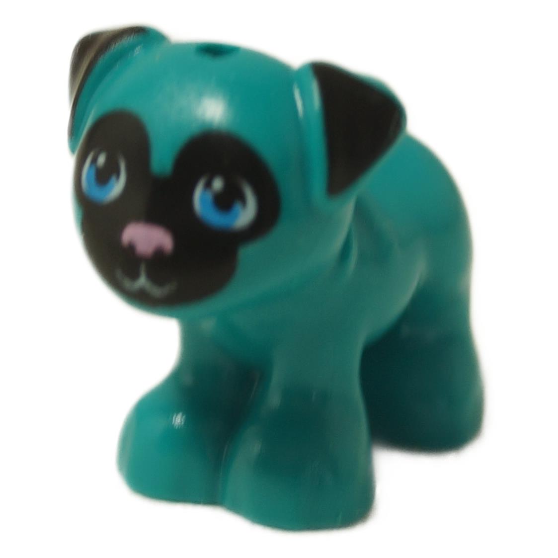 Friends style pug dog figure in dark turquoise color standing with black face and ears, metallic pink nose, and dark azure eyes