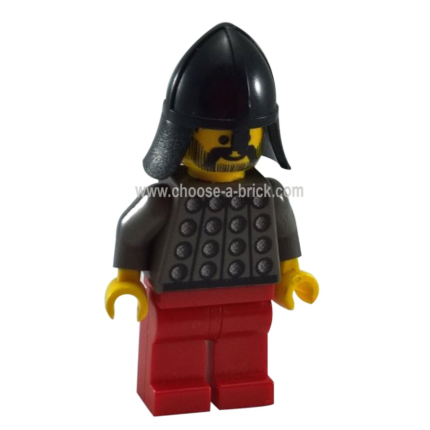 Black armored knight minifigure with black helmet, studded torso armor and red legs