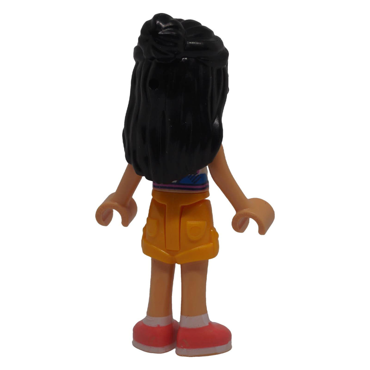 LEGO® Friends Liann frnd0776 mini-doll rear view showing long black hair, orange shorts and coral shoes