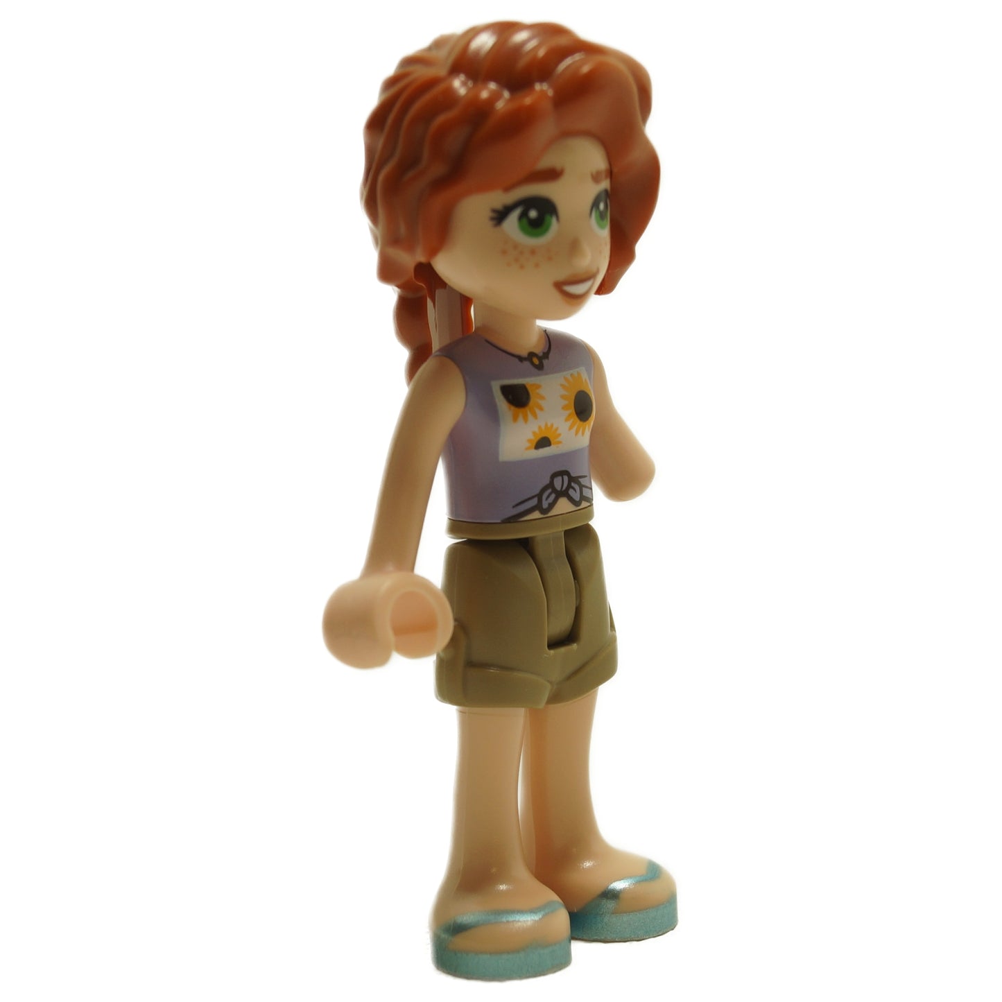 Friends Autumn - Lavender Vest with Sunflowers, Dark Tan Shorts, Metallic Light Blue Sandals