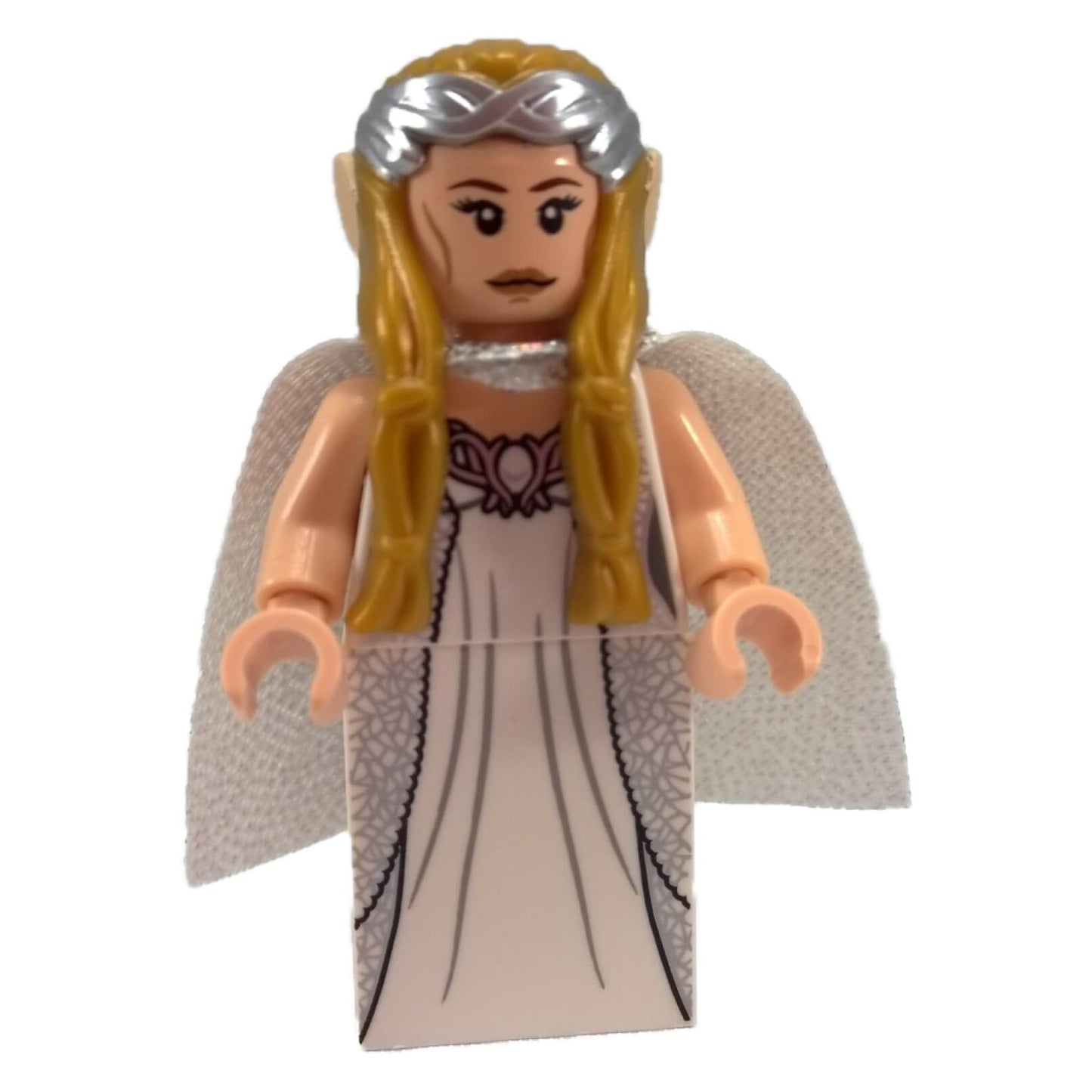 LEGO® Lord of the Rings Galadriel minifigure with calm expression, wearing silver tiara and white gown with ornate lace printing and a white cape.