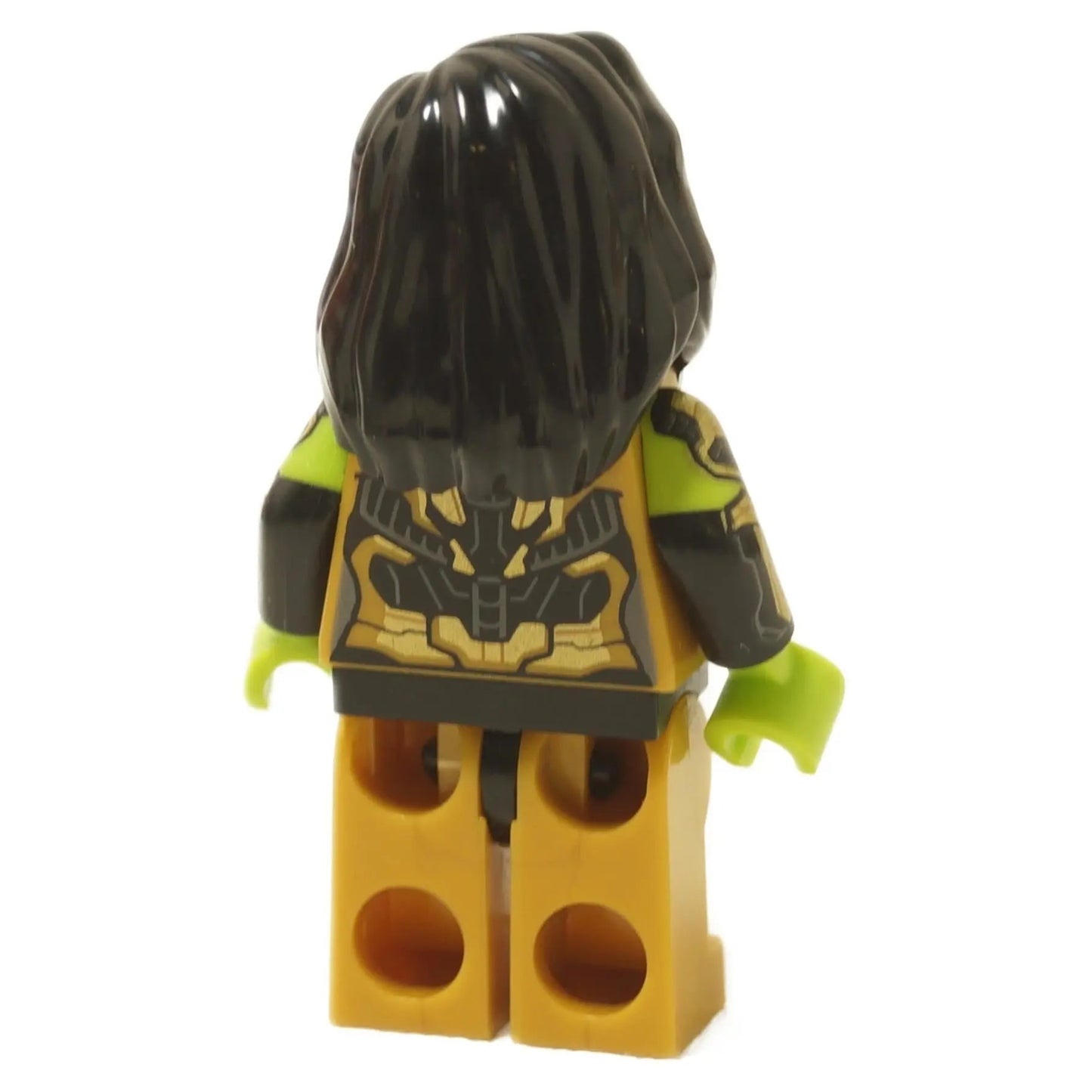LEGO® Gamora Marvel Studios Series 1 minifigure back view with black hair and gold armor print close-up