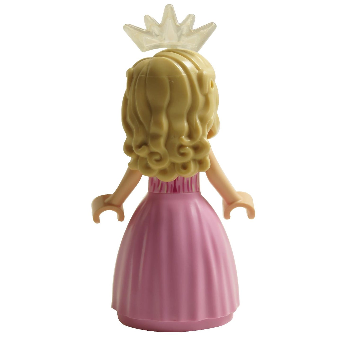 Back view of LEGO® Glinda mini-doll wck009 with long blonde hair, pink dress, and crown accessory