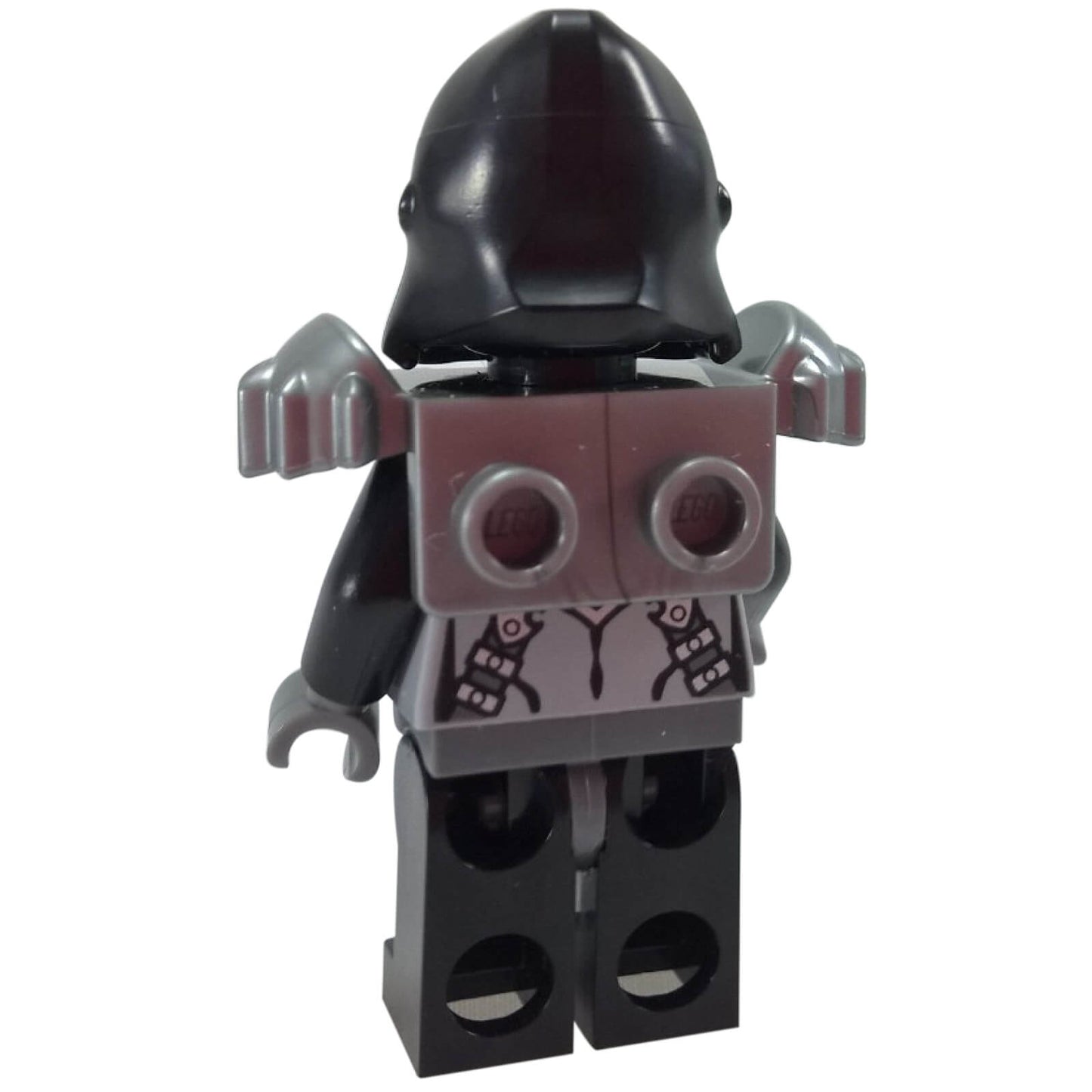 back view of Gorzan loc068 with printed gorilla headpiece, flat-silver armour and transparent blue chest element