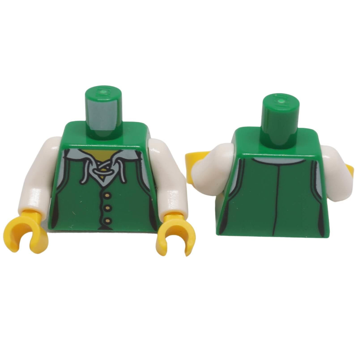 Green LEGO® female pirate torso 973pb3967c01 shown front and back with white lace-up shirt, gold buttons, white arms and yellow hands
