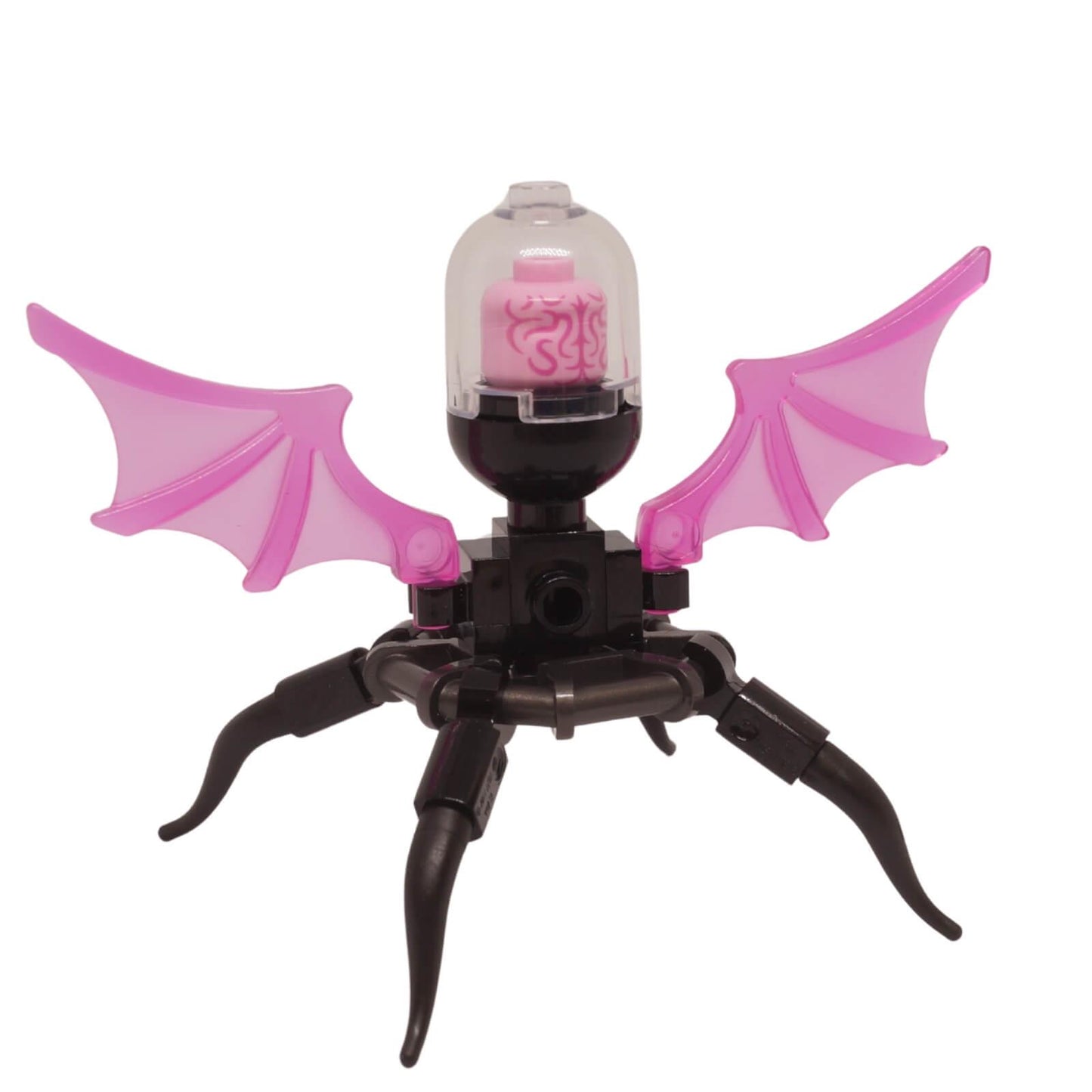 LEGO Dreamzzz Grimspawn creature with translucent pink wings, four black legs, and a pink head in a clear glass dome, back view.