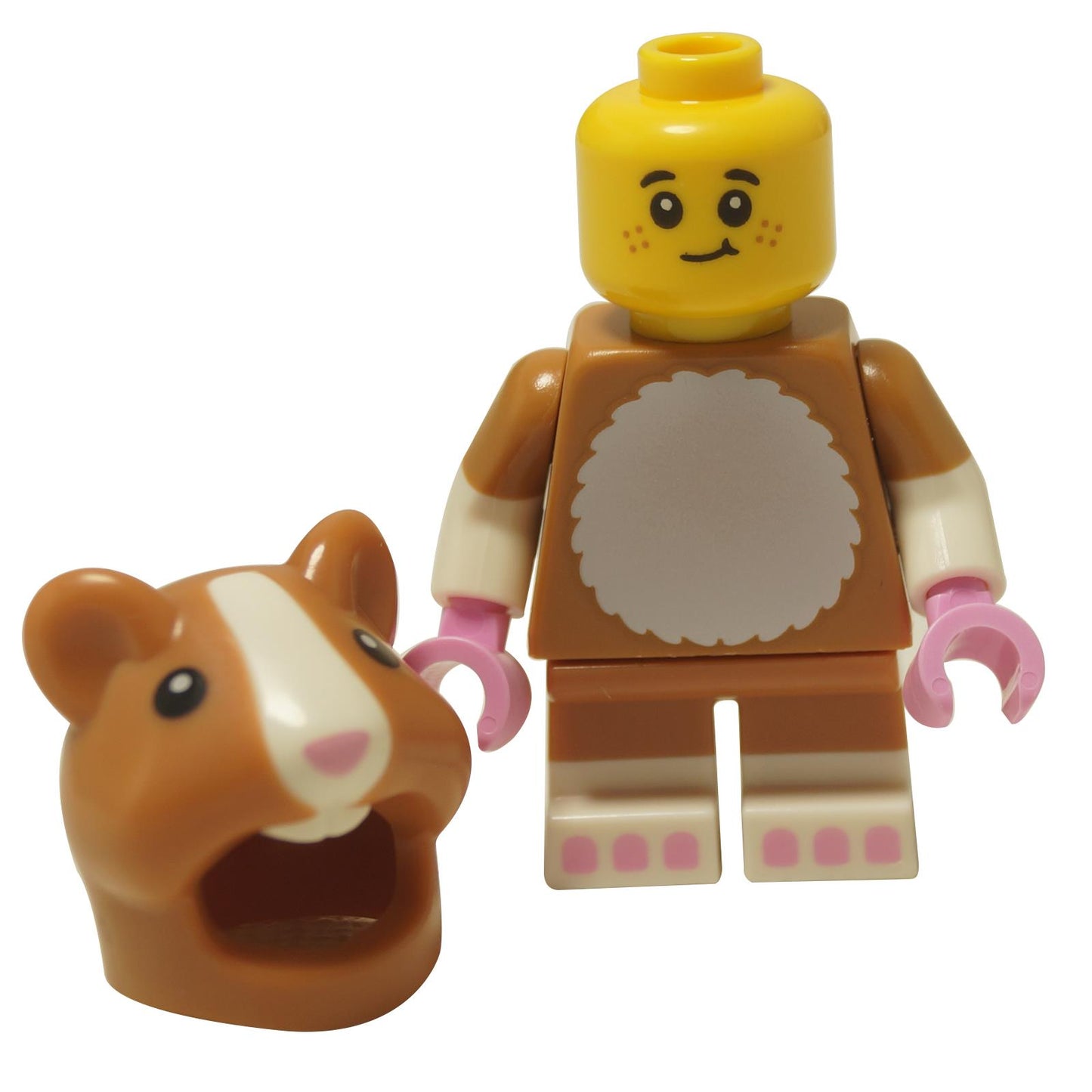 LEGO® Hamster Costume Fan minifigure (col449) with a joyful expression, with a full-body medium nougat hamster suit in the side.