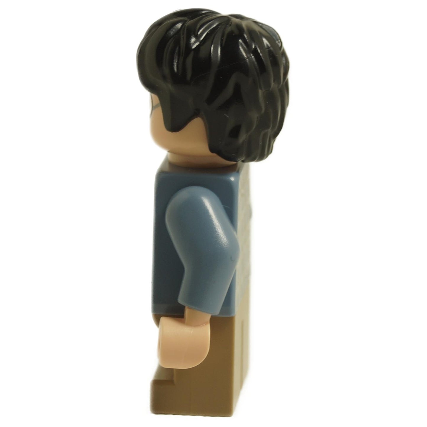 Side view of LEGO Harry Potter minifigure hp316 with round glasses wearing sand blue jacket and tan legs